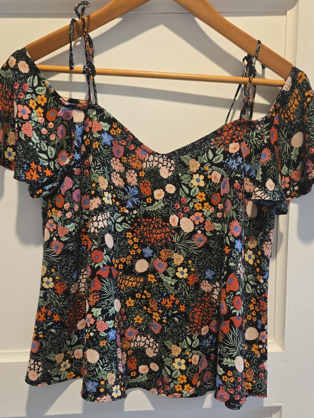 Topshop Black Multi Floral Off-Shoulder Tie-Strap Blouse
